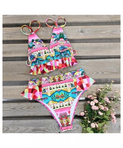 Women High Waisted Swimsuit Ruffle V Neck Bikini Two Pieces Swimwear Print 2 $15.20 Swimsuits