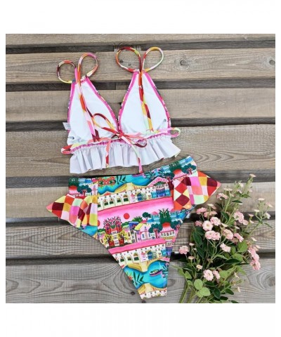 Women High Waisted Swimsuit Ruffle V Neck Bikini Two Pieces Swimwear Print 2 $15.20 Swimsuits