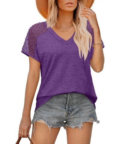 Summer Tops for Women V Neck T-Shirts Swiss Dot Short Sleeve Shirts Casual Fashion Blouses Purple $14.74 T-Shirts