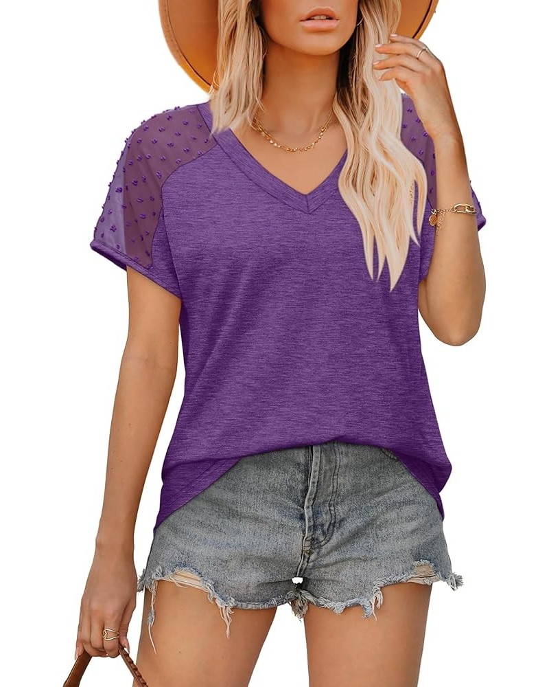 Summer Tops for Women V Neck T-Shirts Swiss Dot Short Sleeve Shirts Casual Fashion Blouses Purple $14.74 T-Shirts