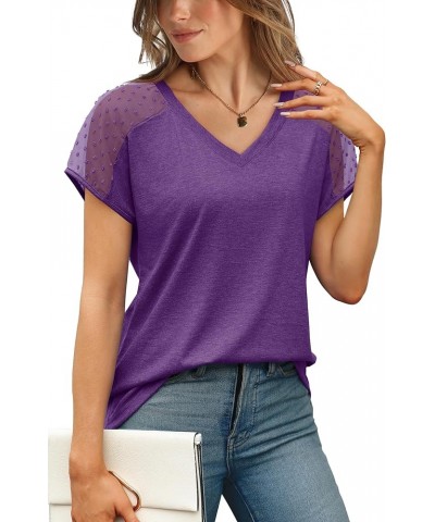 Summer Tops for Women V Neck T-Shirts Swiss Dot Short Sleeve Shirts Casual Fashion Blouses Purple $14.74 T-Shirts