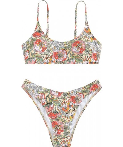 Women's Floral Print Bikini Set Swimsuit Two Piece Spaghetti Strap Bathing Suit Multicolor $16.45 Swimsuits