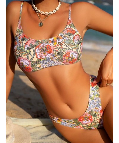 Women's Floral Print Bikini Set Swimsuit Two Piece Spaghetti Strap Bathing Suit Multicolor $16.45 Swimsuits