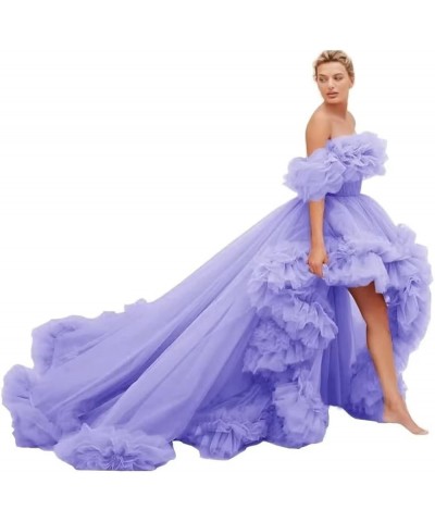 High Low Tulle Prom Dresses Long Ball Gown for Women Puffy Ruffles Off Shoulder Evening Party Dress Lavender $46.40 Dresses