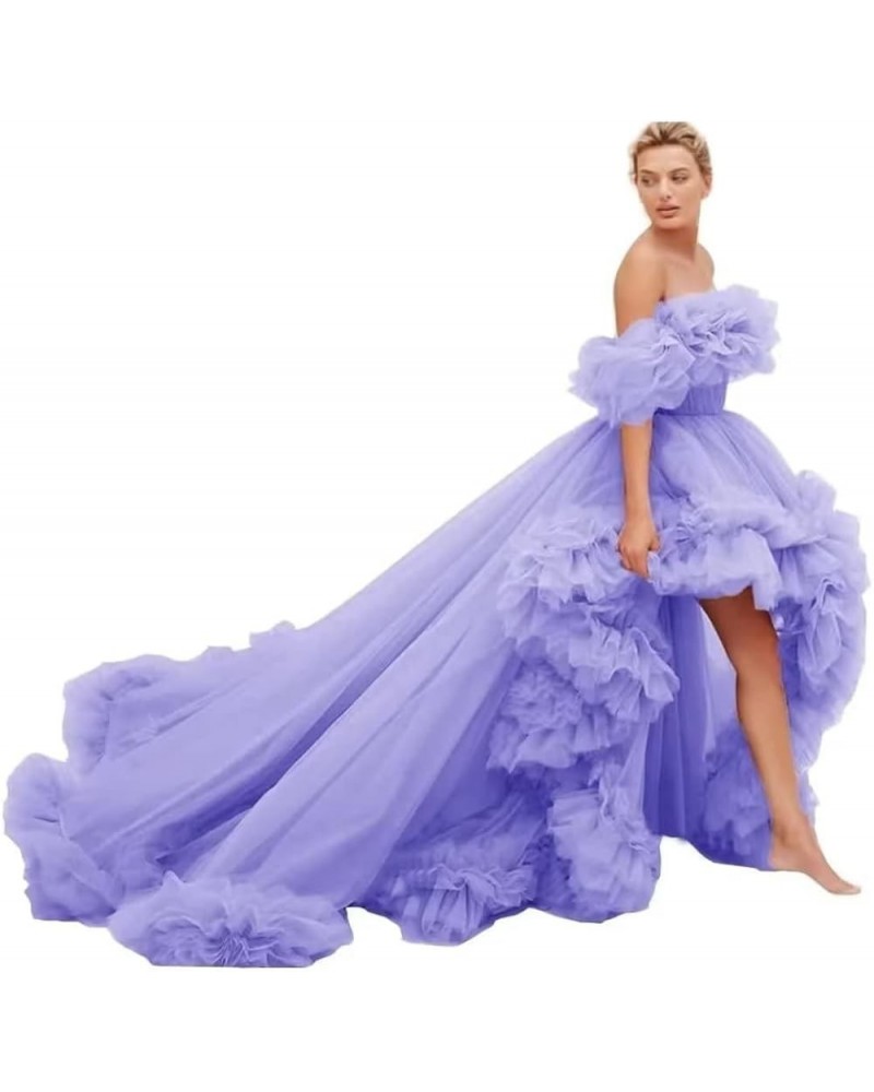 High Low Tulle Prom Dresses Long Ball Gown for Women Puffy Ruffles Off Shoulder Evening Party Dress Lavender $46.40 Dresses