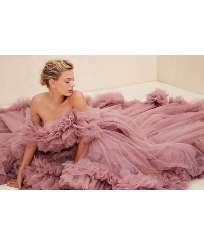 High Low Tulle Prom Dresses Long Ball Gown for Women Puffy Ruffles Off Shoulder Evening Party Dress Lavender $46.40 Dresses