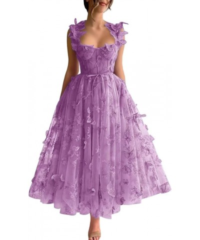 3D Butterfly Tulle Prom Dresses Tea Length Lace Applique Embroidery Formal Evening Party Gown with Pocket Lilac $30.55 Dresses