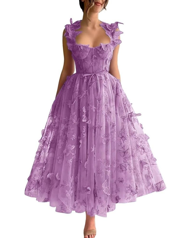 3D Butterfly Tulle Prom Dresses Tea Length Lace Applique Embroidery Formal Evening Party Gown with Pocket Lilac $30.55 Dresses