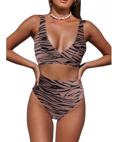 Women's 2 Piece Swimsuits Cow Print Scoop Neck High Waisted Bikini Set Zebra Brown a $10.19 Swimsuits