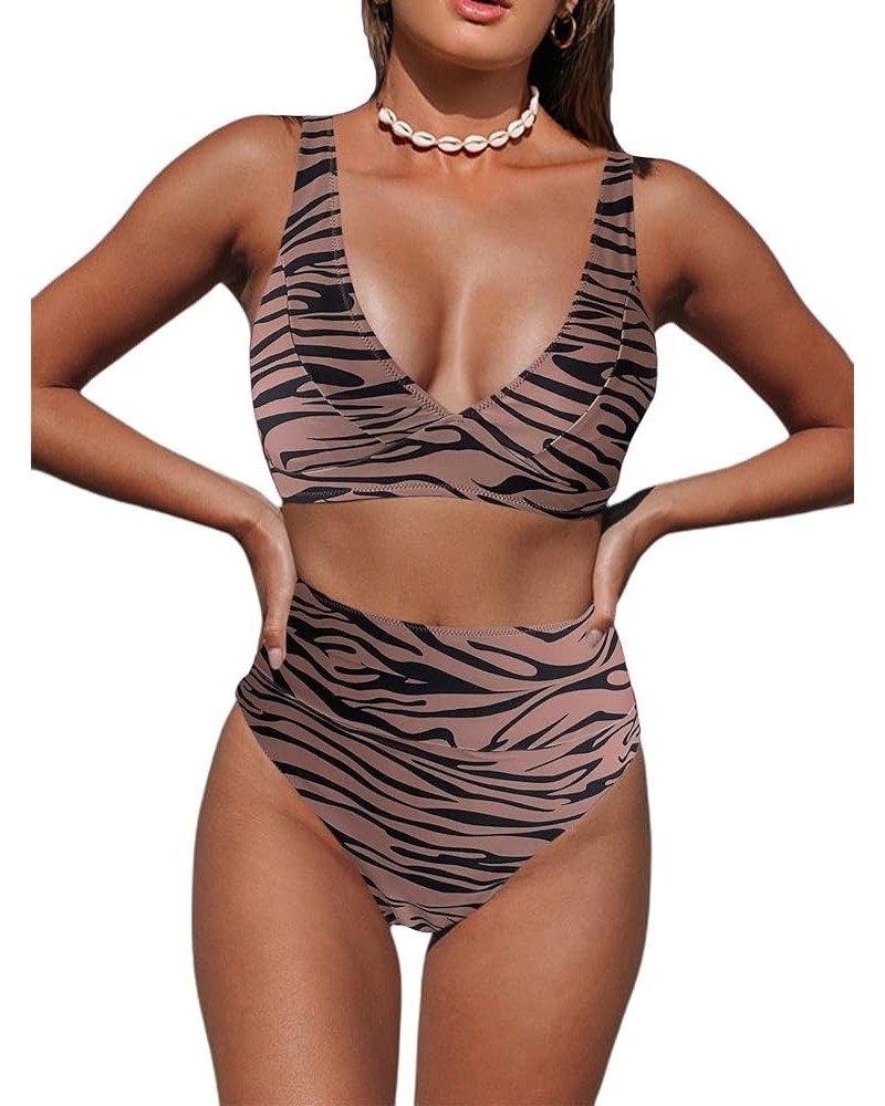 Women's 2 Piece Swimsuits Cow Print Scoop Neck High Waisted Bikini Set Zebra Brown a $10.19 Swimsuits