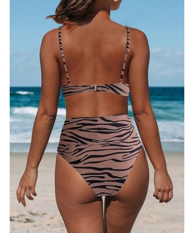 Women's 2 Piece Swimsuits Cow Print Scoop Neck High Waisted Bikini Set Zebra Brown a $10.19 Swimsuits