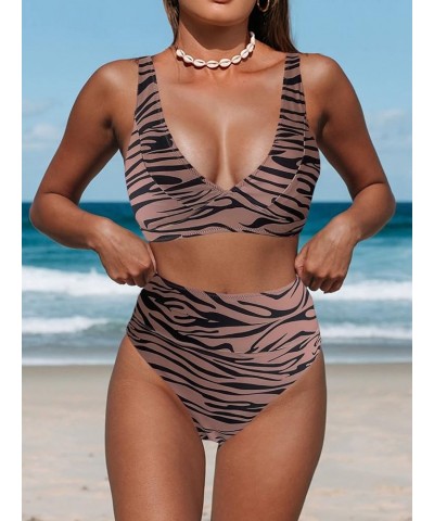 Women's 2 Piece Swimsuits Cow Print Scoop Neck High Waisted Bikini Set Zebra Brown a $10.19 Swimsuits