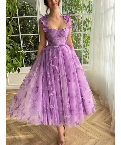 3D Butterfly Tulle Prom Dresses Tea Length Lace Applique Embroidery Formal Evening Party Gown with Pocket Lilac $30.55 Dresses