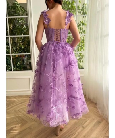 3D Butterfly Tulle Prom Dresses Tea Length Lace Applique Embroidery Formal Evening Party Gown with Pocket Lilac $30.55 Dresses