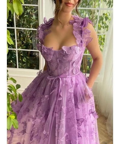 3D Butterfly Tulle Prom Dresses Tea Length Lace Applique Embroidery Formal Evening Party Gown with Pocket Lilac $30.55 Dresses