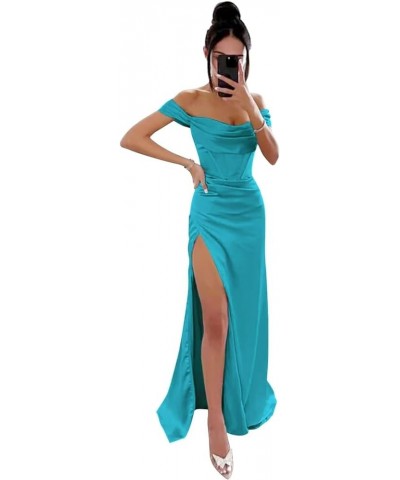 Off Shoulder Satin Prom Dresses Long Cowl Neck with Slit Mermaid Formal Evening Party Gowns Turquoise $24.00 Dresses