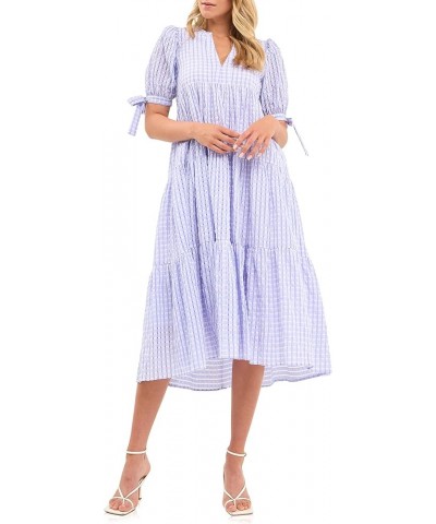 Gingham Tiered Midi Dress with Bow Tie Sleeves Lavender $46.55 Dresses