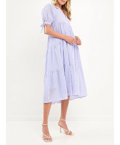 Gingham Tiered Midi Dress with Bow Tie Sleeves Lavender $46.55 Dresses