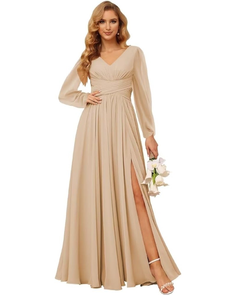 Long Sleeves Bridesmaid Dresses for Women with Pockets Pleated Chiffon Long V Neck Formal Party Dresss with Slit DE41 Champag...