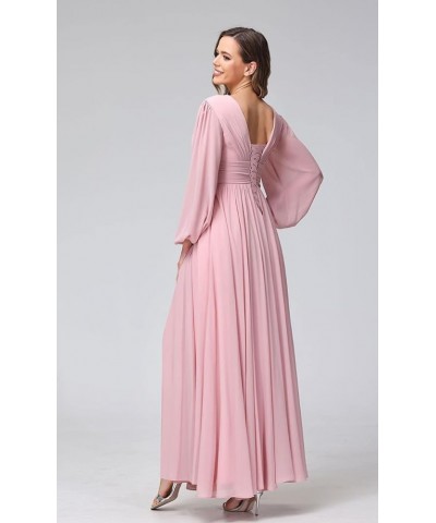 Long Sleeves Bridesmaid Dresses for Women with Pockets Pleated Chiffon Long V Neck Formal Party Dresss with Slit DE41 Champag...