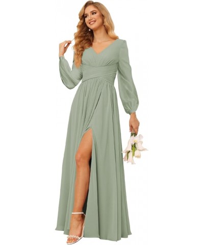 Long Sleeves Bridesmaid Dresses for Women with Pockets Pleated Chiffon Long V Neck Formal Party Dresss with Slit DE41 Champag...