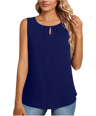 Women's Casual Pleated Sleeveless Tank Top Summer Round Neck Keyhole Elegant Blouse Top Blue_02 $3.77 Tanks