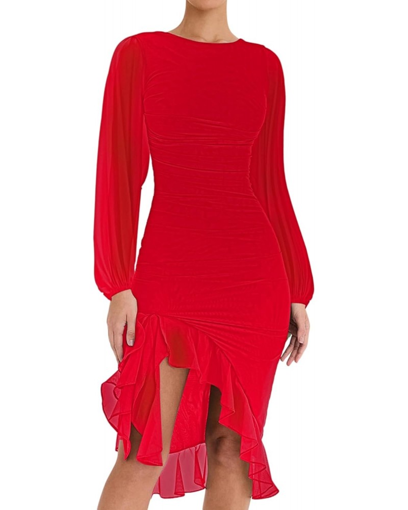 Bodycon Dresses for Women Mesh Long Sleeve Sexy Asymmetrical Ruffle Elegant Cocktail Party Hem Mermaid Midi Dress Red M $24.3...