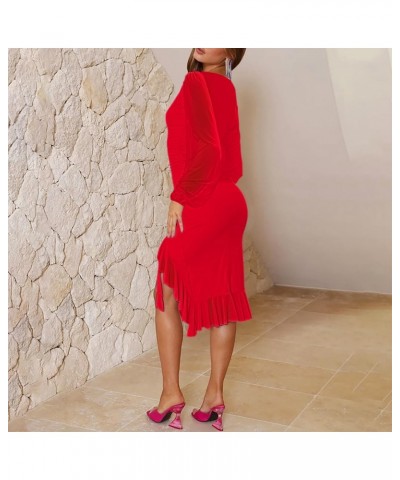 Bodycon Dresses for Women Mesh Long Sleeve Sexy Asymmetrical Ruffle Elegant Cocktail Party Hem Mermaid Midi Dress Red M $24.3...