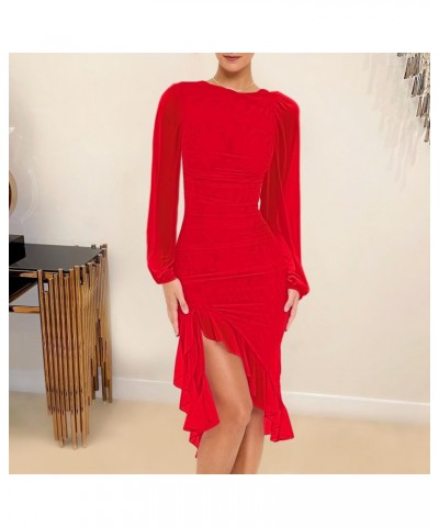 Bodycon Dresses for Women Mesh Long Sleeve Sexy Asymmetrical Ruffle Elegant Cocktail Party Hem Mermaid Midi Dress Red M $24.3...