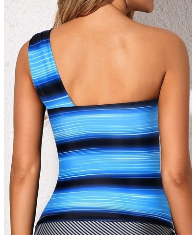 Women Tankini Top Swim Tops Ruched One Shoulder Bathing Suit Swimsuit Tops Only Black Blue Striped $17.54 Swimsuits