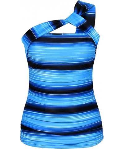 Women Tankini Top Swim Tops Ruched One Shoulder Bathing Suit Swimsuit Tops Only Black Blue Striped $17.54 Swimsuits