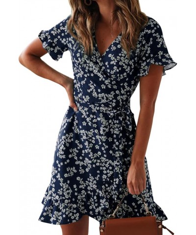 Women's Floral Wrap V Neck Short Sleeve Ruffle A Line Tie Waist Split Mini Dress Navy Blue $19.43 Dresses