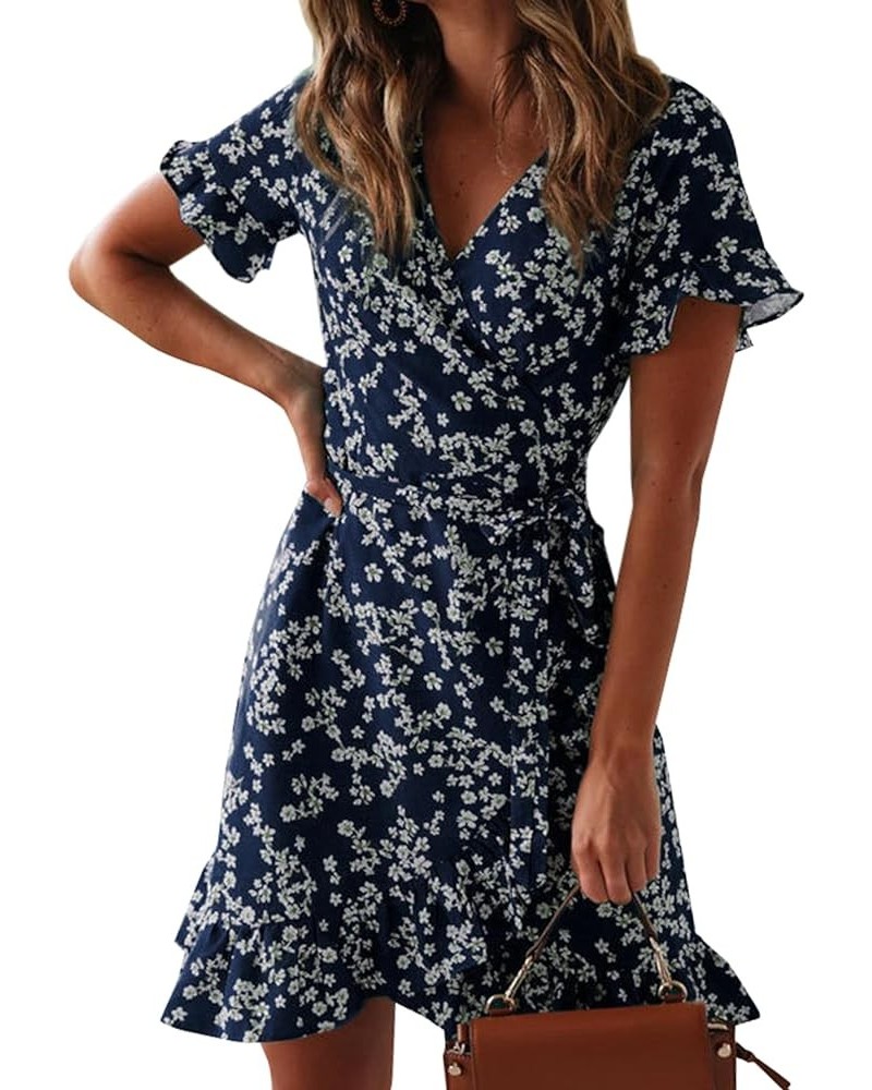 Women's Floral Wrap V Neck Short Sleeve Ruffle A Line Tie Waist Split Mini Dress Navy Blue $19.43 Dresses