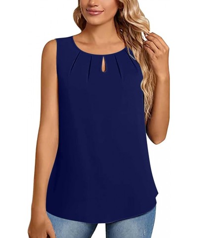 Women's Casual Pleated Sleeveless Tank Top Summer Round Neck Keyhole Elegant Blouse Top Blue_02 $3.77 Tanks