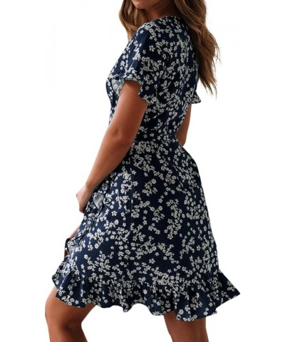 Women's Floral Wrap V Neck Short Sleeve Ruffle A Line Tie Waist Split Mini Dress Navy Blue $19.43 Dresses