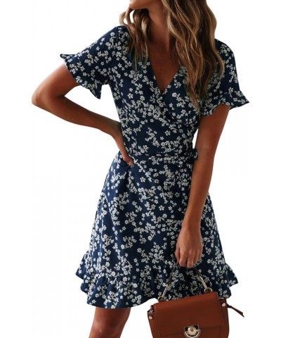 Women's Floral Wrap V Neck Short Sleeve Ruffle A Line Tie Waist Split Mini Dress Navy Blue $19.43 Dresses