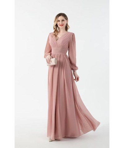 Long Sleeve Bridesmaid Dresses with Slit for Women V Neck Chiffon Formal Evening Gown Dusty Blue $41.40 Dresses