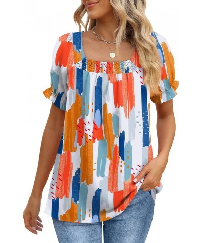 Womens Tops and Blouses Square Neck Puff Sleeve Chiffon Swiss Dot S-3XL 11- Colorful Blue White Orange $11.39 Blouses