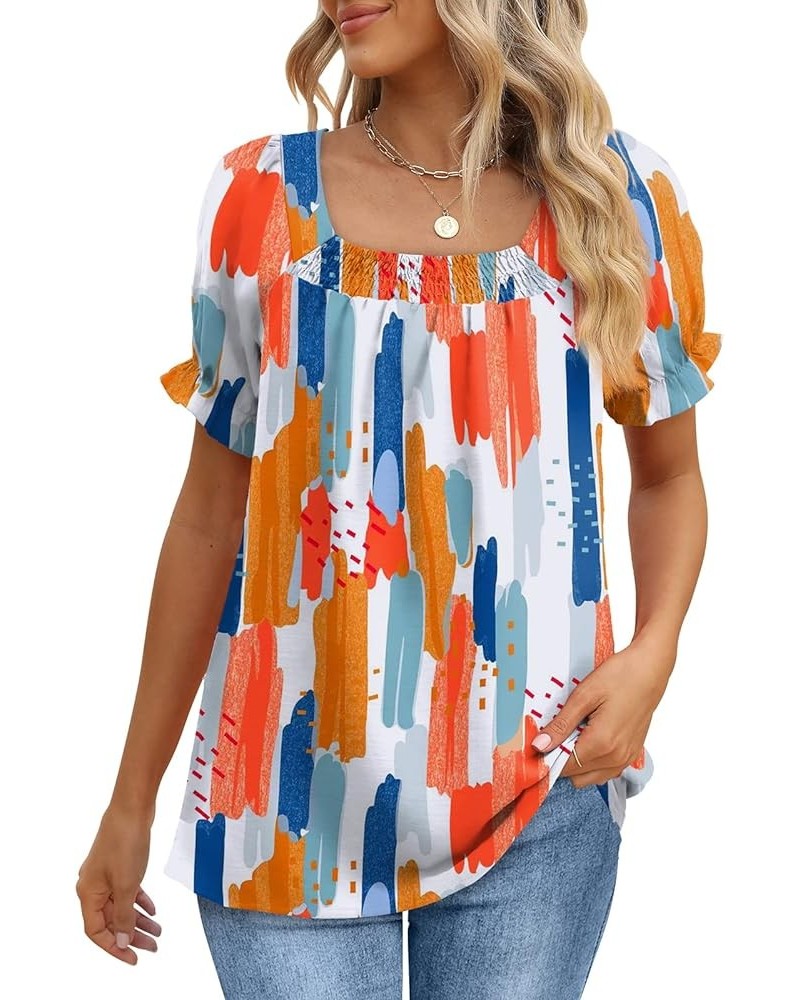 Womens Tops and Blouses Square Neck Puff Sleeve Chiffon Swiss Dot S-3XL 11- Colorful Blue White Orange $11.39 Blouses