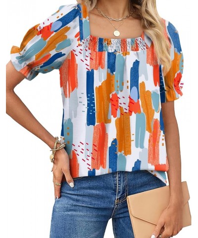 Womens Tops and Blouses Square Neck Puff Sleeve Chiffon Swiss Dot S-3XL 11- Colorful Blue White Orange $11.39 Blouses