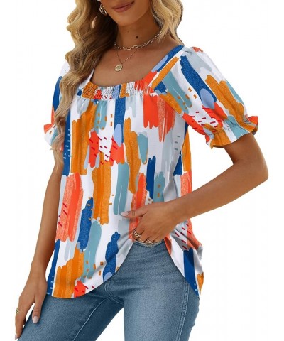 Womens Tops and Blouses Square Neck Puff Sleeve Chiffon Swiss Dot S-3XL 11- Colorful Blue White Orange $11.39 Blouses