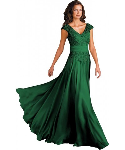 Women's V Neck Mother of The Bride Dresses for Wedding Long Lace A-Line Cap Sleeves Formal Gown with Pockets Emerald Green $3...