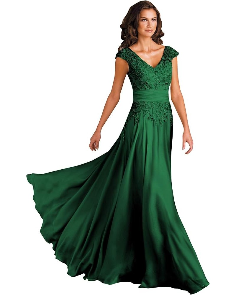 Women's V Neck Mother of The Bride Dresses for Wedding Long Lace A-Line Cap Sleeves Formal Gown with Pockets Emerald Green $3...