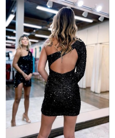 Women's One Shoulder Sequin Homecoming Dress Short Sparkly Long Sleeve Prom Party Gowns for Teens Peacock $23.65 Dresses