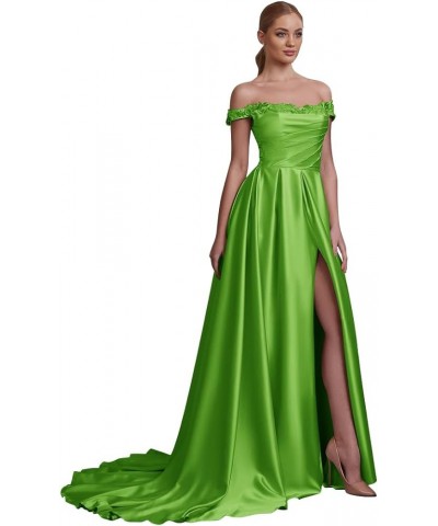 Elegant Off Shoulder Evening Gowns Lace Appliques Satin High Slit Long Prom Dresses for Women 2023 Lime Green $45.00 Dresses