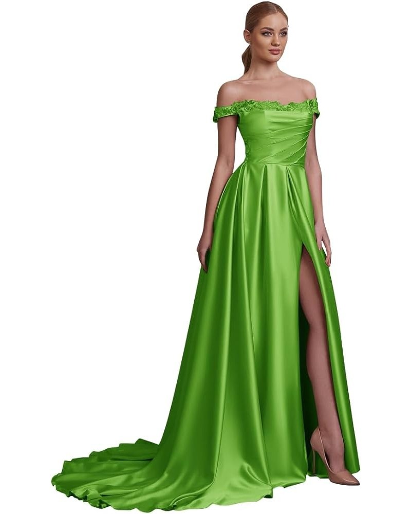 Elegant Off Shoulder Evening Gowns Lace Appliques Satin High Slit Long Prom Dresses for Women 2023 Lime Green $45.00 Dresses