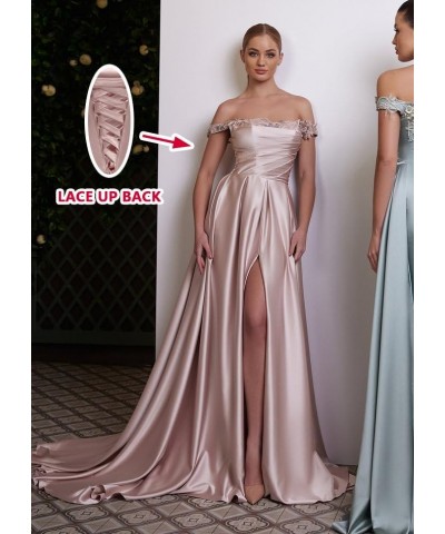 Elegant Off Shoulder Evening Gowns Lace Appliques Satin High Slit Long Prom Dresses for Women 2023 Lime Green $45.00 Dresses