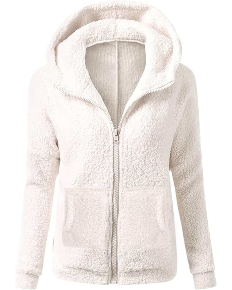 Coat For Womens Fashion,With Hood Full Zip Warm Sherpa Fleece Soft Winter Jacket Plus Size Plain Long-Sleeve Pockets 02-white...