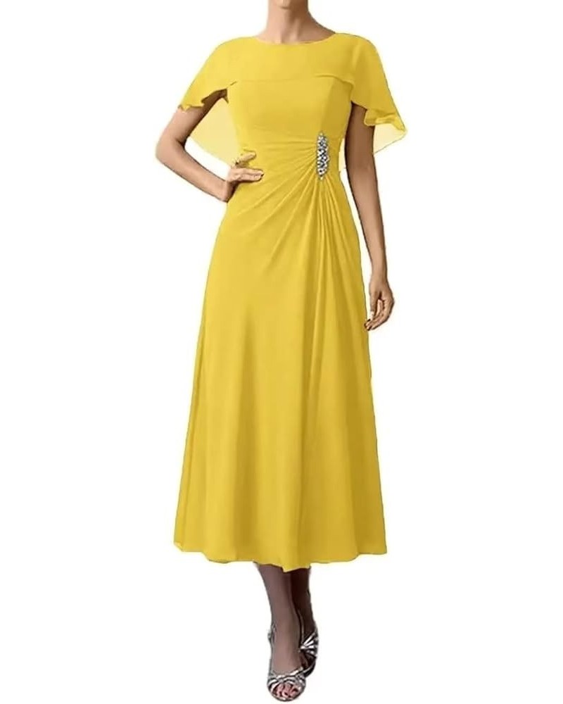 Bat Sleeves Mother of The Bride Dresses Tea Length Pleated Chiffon Cloak Formal Evening Gown for Wedding Yellow $26.65 Dresses