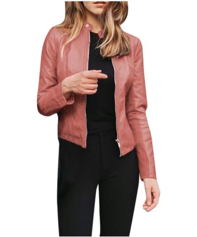 Leather Jacket for Women Lapel Motor Jacket Coat Zip Biker Short Punk Cropped Tops Pink $22.57 Jackets